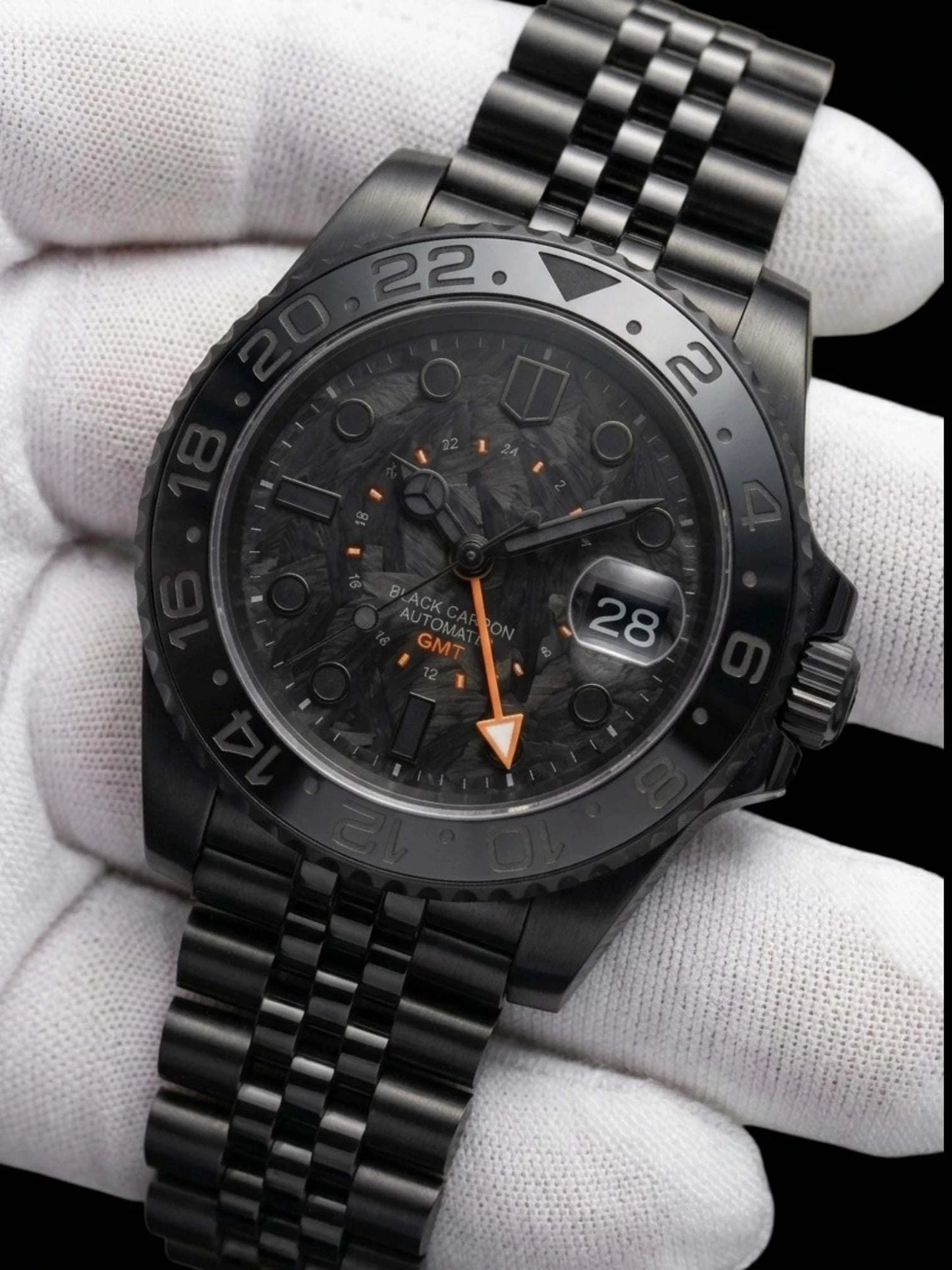 Seiko Mod Submariner GMT Carbon Fiber Stealth Black Orange watch built by Modtime Creations 