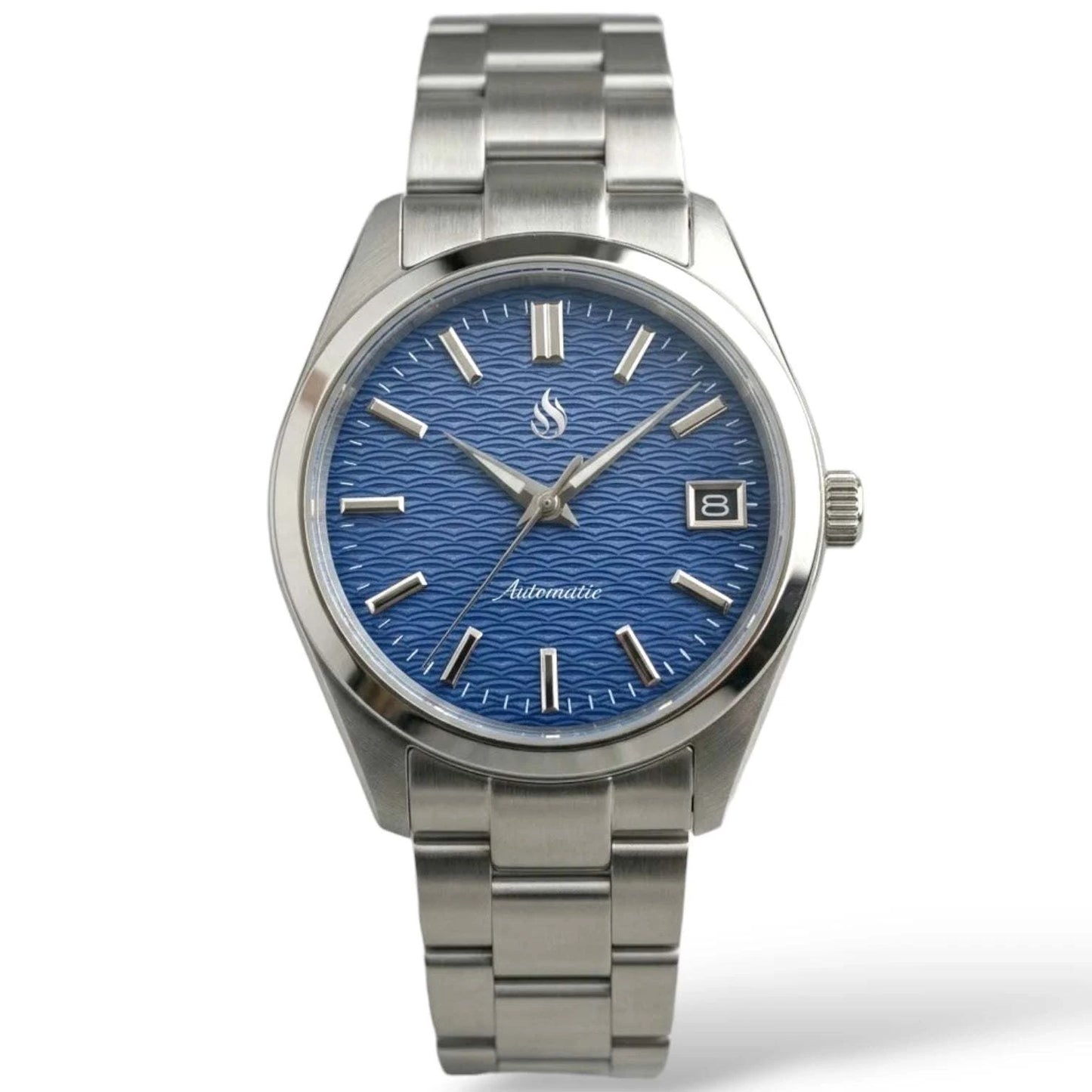 Date Window Silver Dark Blue Wave Dial Mod Watch - Modtime Creations