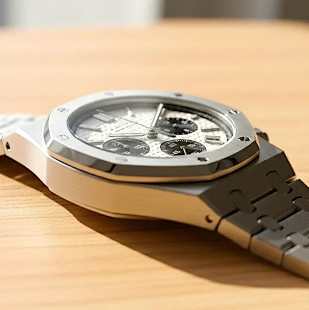 Heritage Oak SeiOak modded Seiko watch with black white panda dial and VK63 hybrid chronograph movement