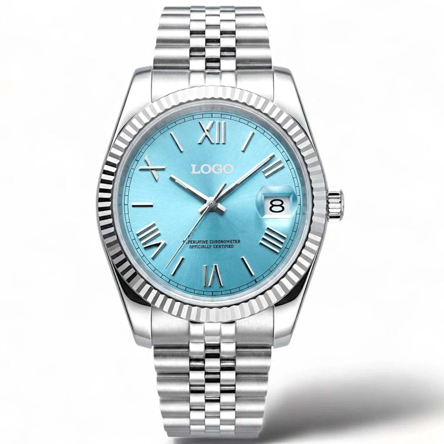 Seiko Mod Watch Datejust Tiffany Blue Dial with Roman Numeral Indices in a silver case and bracelet built by Modtime Creations 