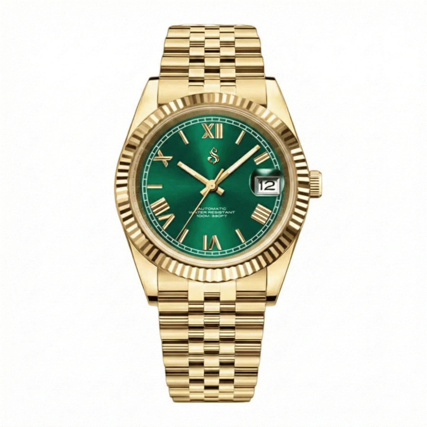 Seiko Mod luxury watch with gold and green Roman numeral dial, date window, and NH35 automatic movement by Modtime Creations