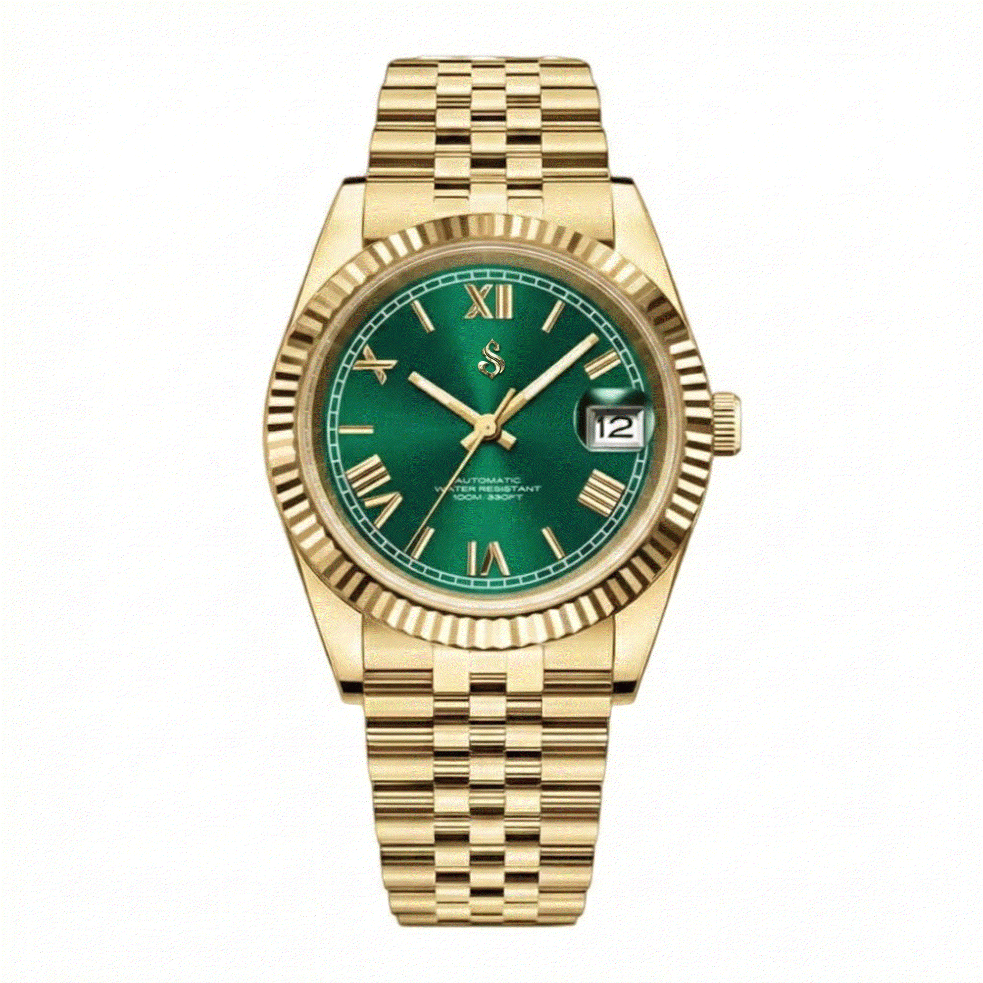 Seiko Mod luxury watch with gold and green Roman numeral dial, date window, and NH35 automatic movement by Modtime Creations