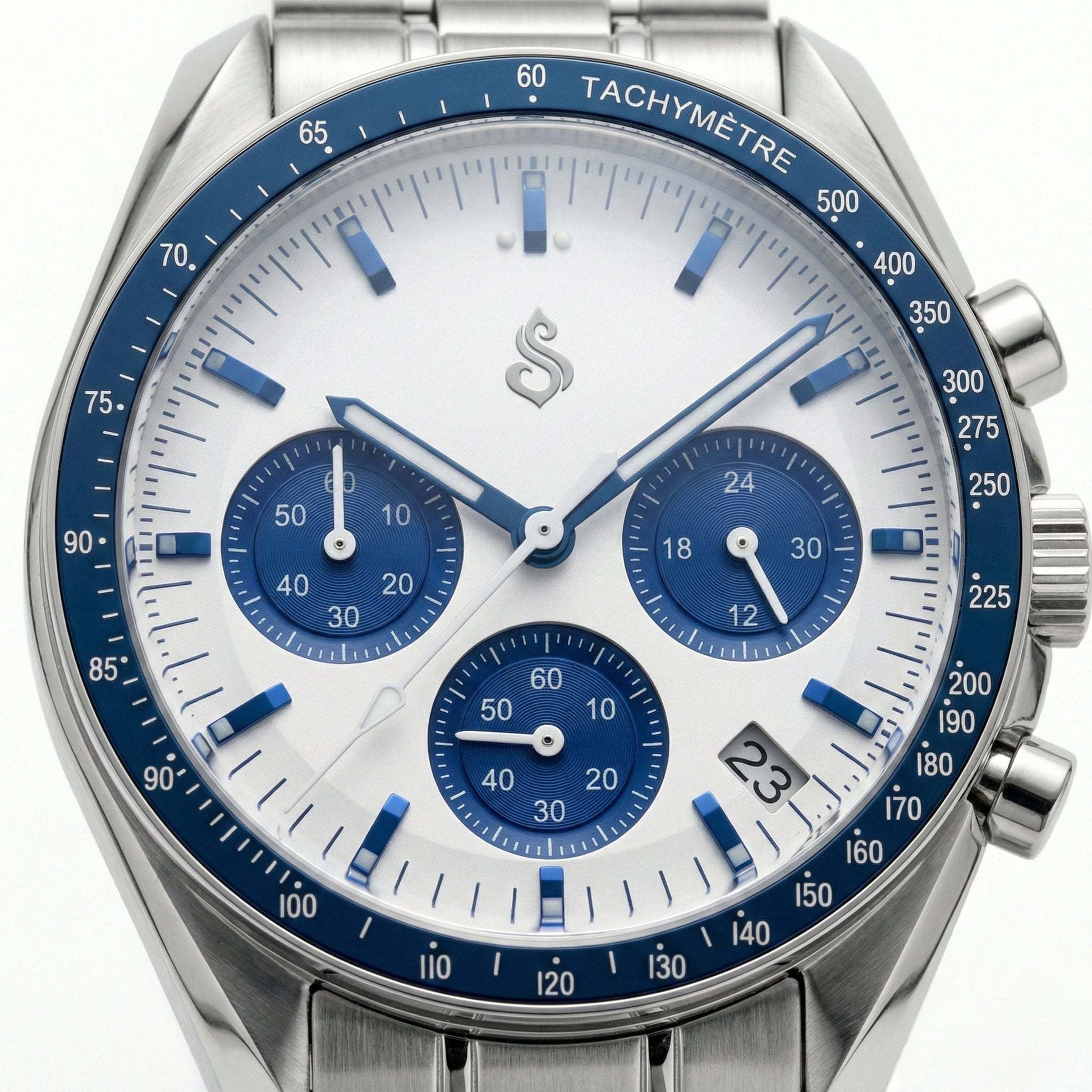 SeikSpeed Chronograph watch with white and blue dial, 41mm stainless steel case, VK63 hybrid movement, and custom Seiko Mod design