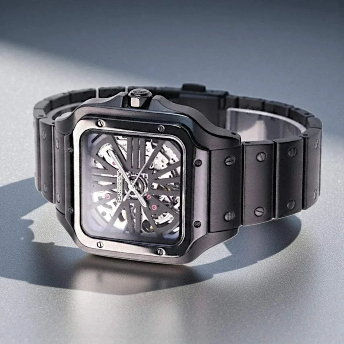 Santeiko Black Skeleton Series Seiko Mod luxury watch with classic Santos-inspired dial and stainless steel case