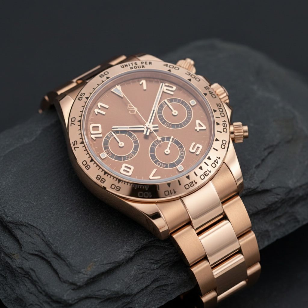 Seitona Seiko Mod rose gold case with chocolate bronze dial chronograph watch