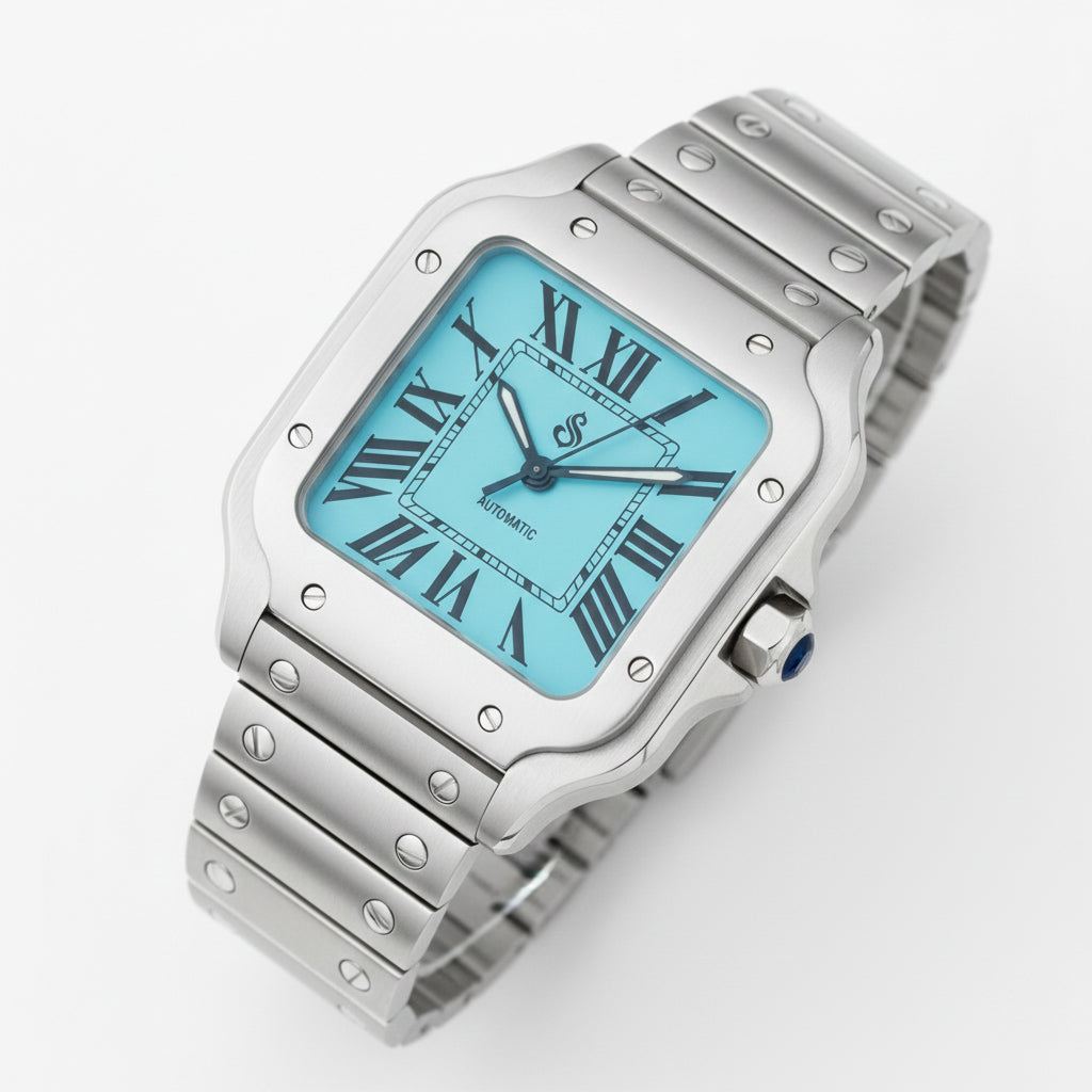 Santeiko Silver Case Tiff Blue Seiko Mod watch with classic dial and sapphire glass by Modtime Creations