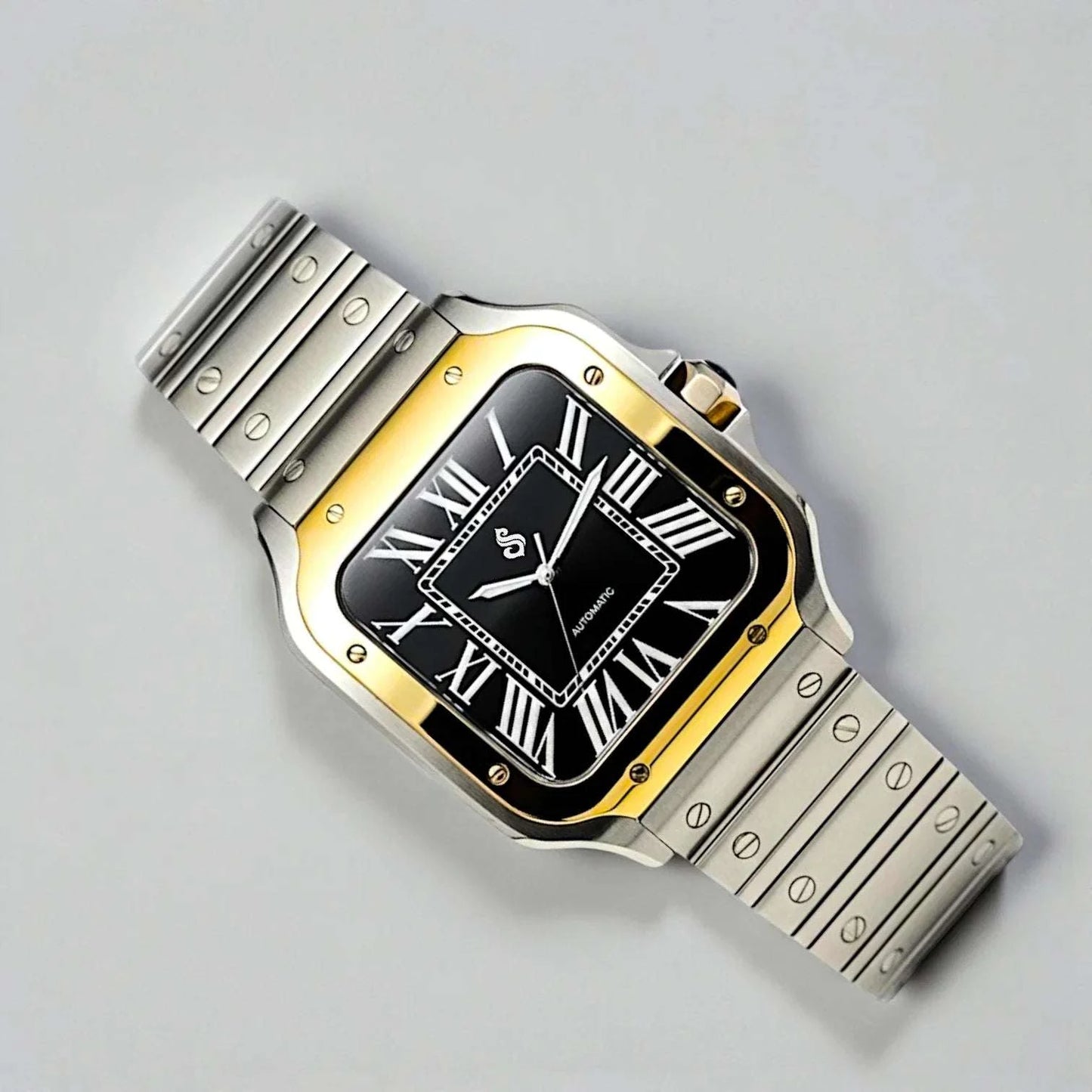 Santieko two tone Seiko Mod watch with black dial and stainless steel case by Modtime Creations