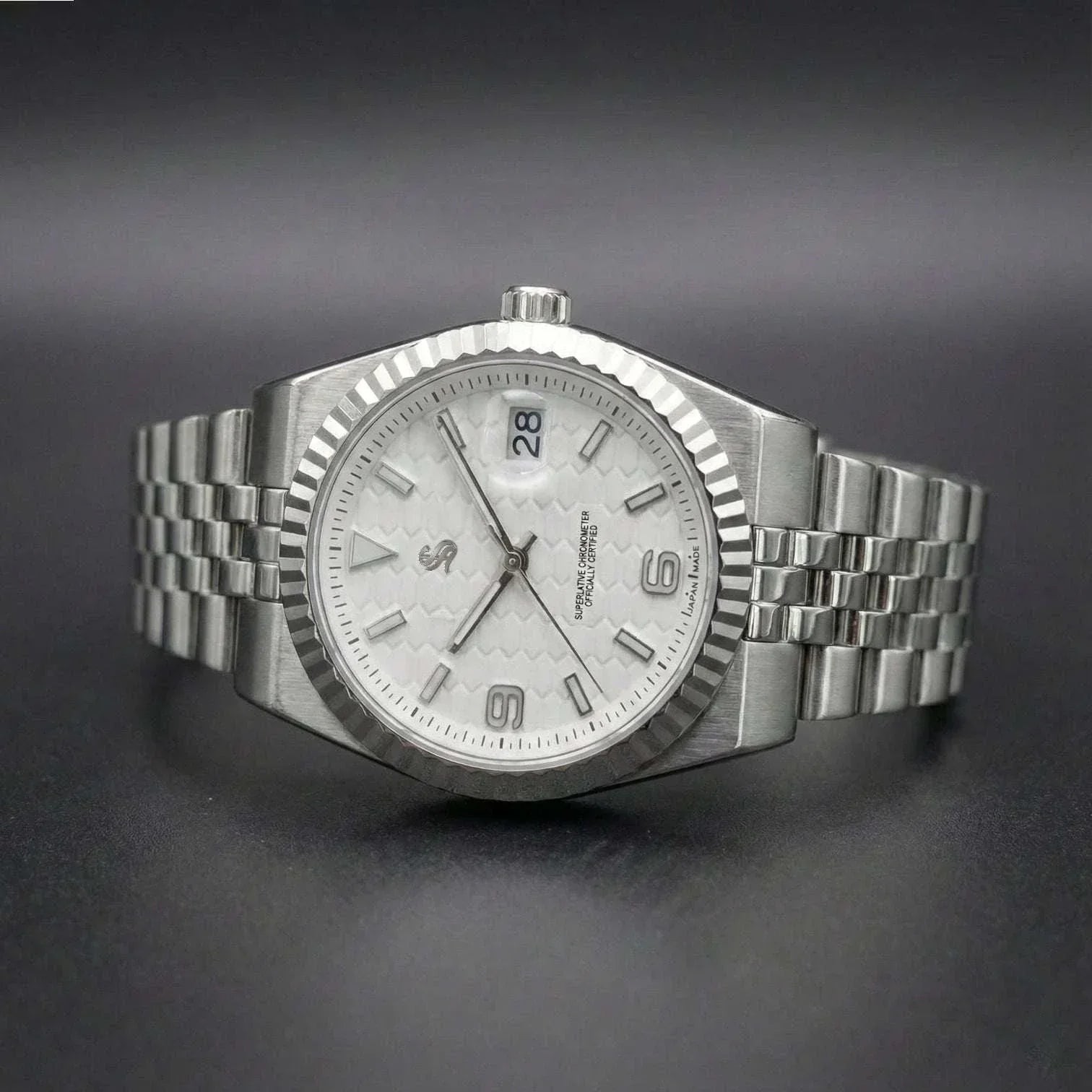 Seiko Mod luxury watch with white dial and date window by Modtime Creations