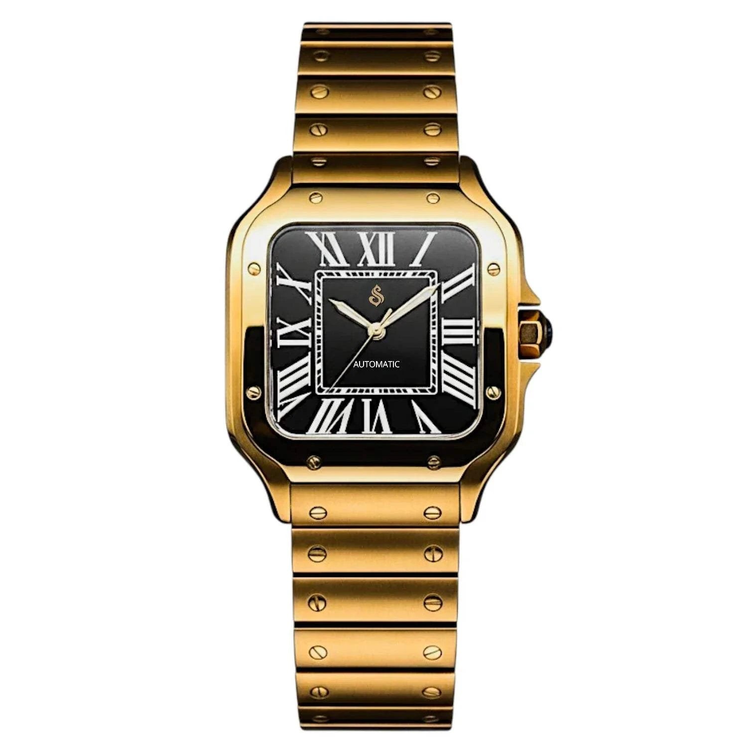 Santeiko gold case Seiko Mod watch with black dial and stainless steel bracelet by Modtime Creations