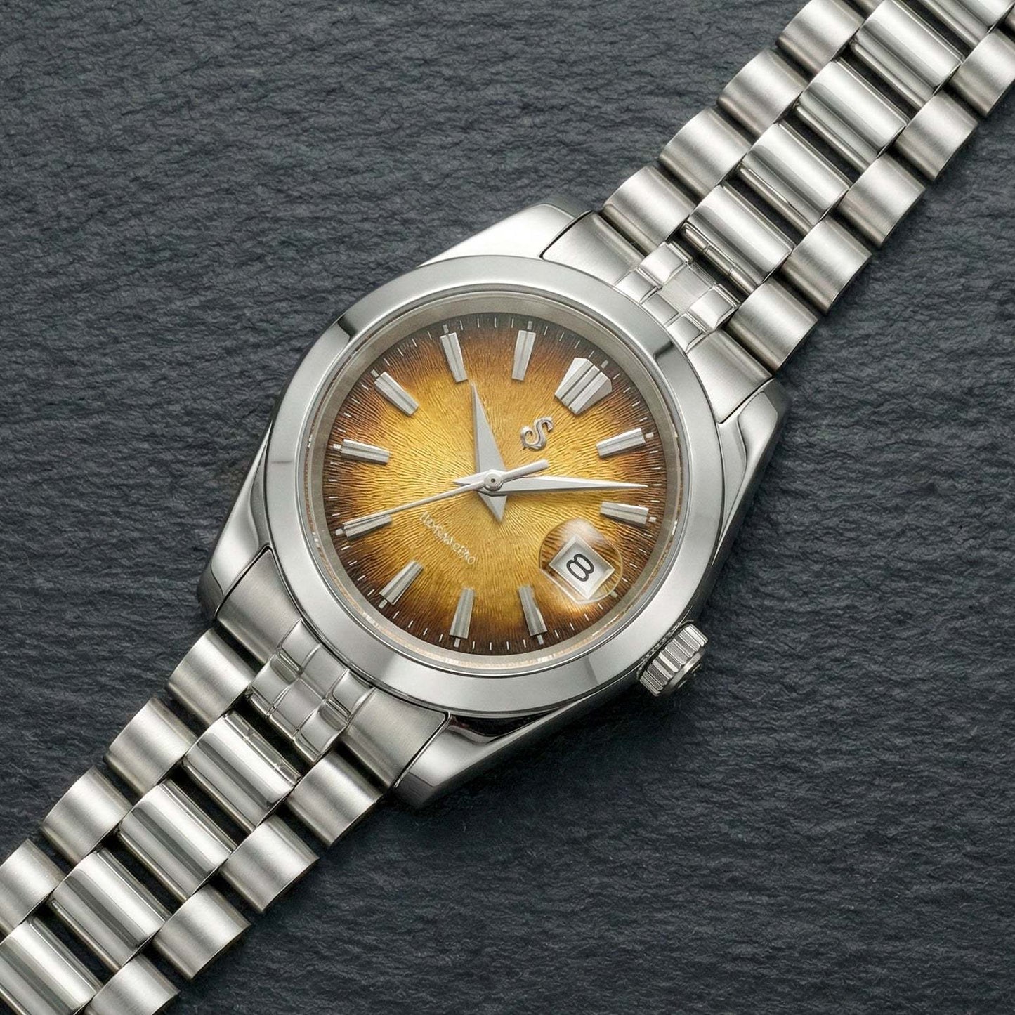 Seiko mod watch with textured grand gold dial and date window by Modtime Creations