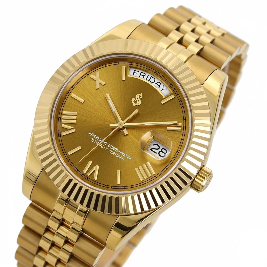 Day & Date gold chocolate dial Seiko Mod watch with Roman numerals by Modtime Creations