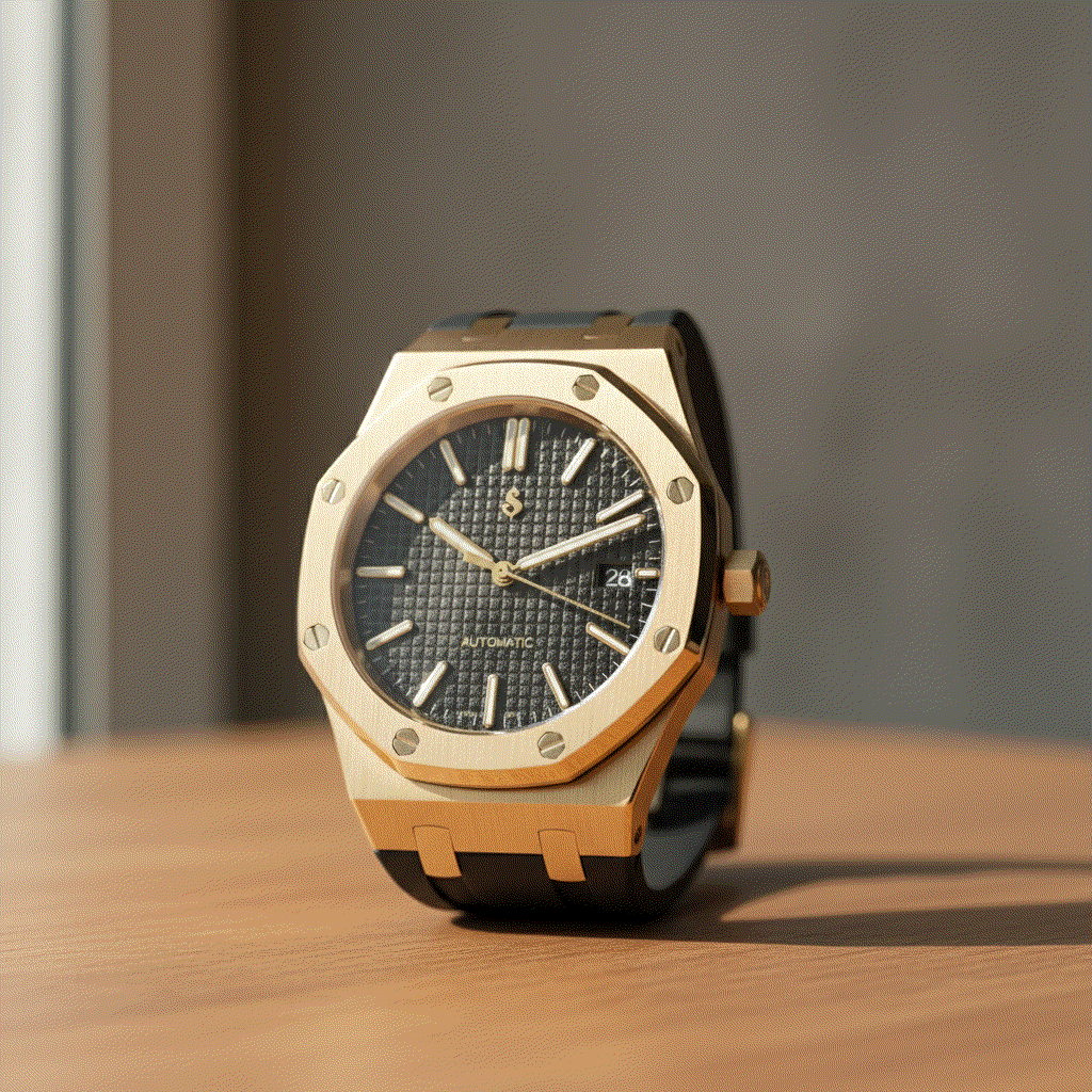 Heritage Oak Gold Seiko Mod watch with black dial and stainless steel bracelet