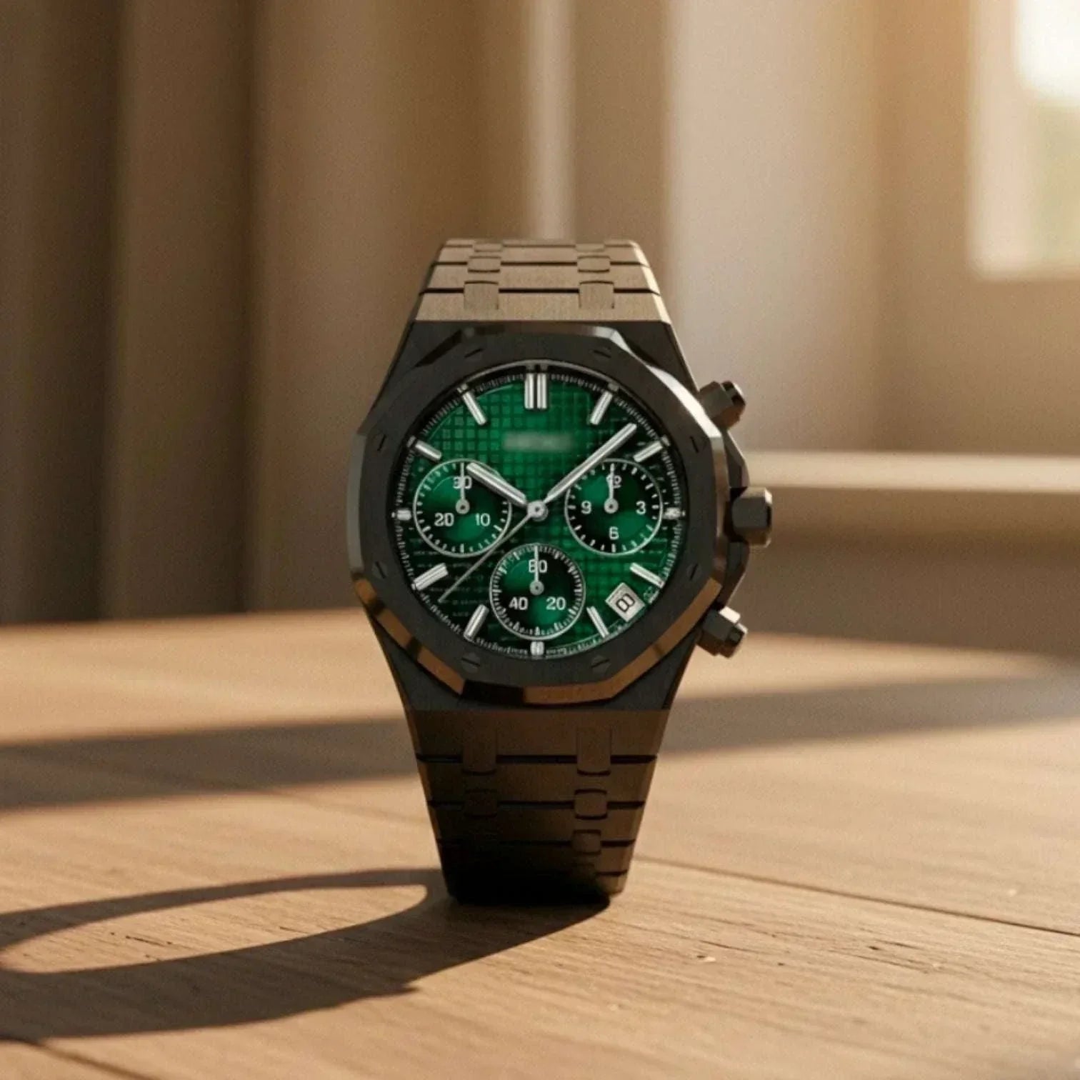 Heritage Oak modded Seiko watch with green dial and chronograph features
