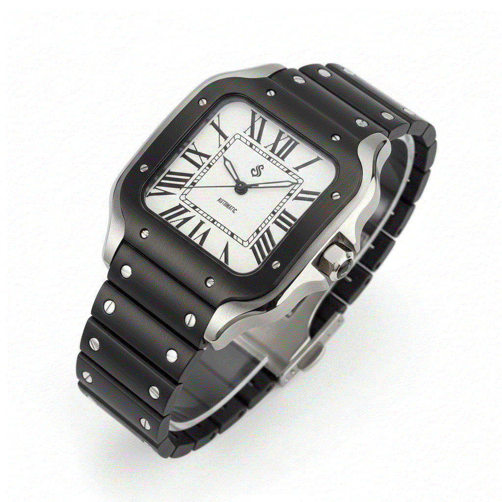 Santeiko two-tone silver and black dial Seiko Mod watch by Modtime Creations with sapphire glass and stainless steel case