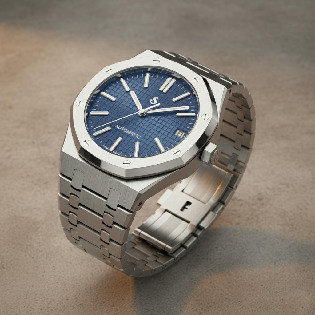 Seiko Mod Heritage Oak watch with blue dial and stainless steel case by Modtime Creations