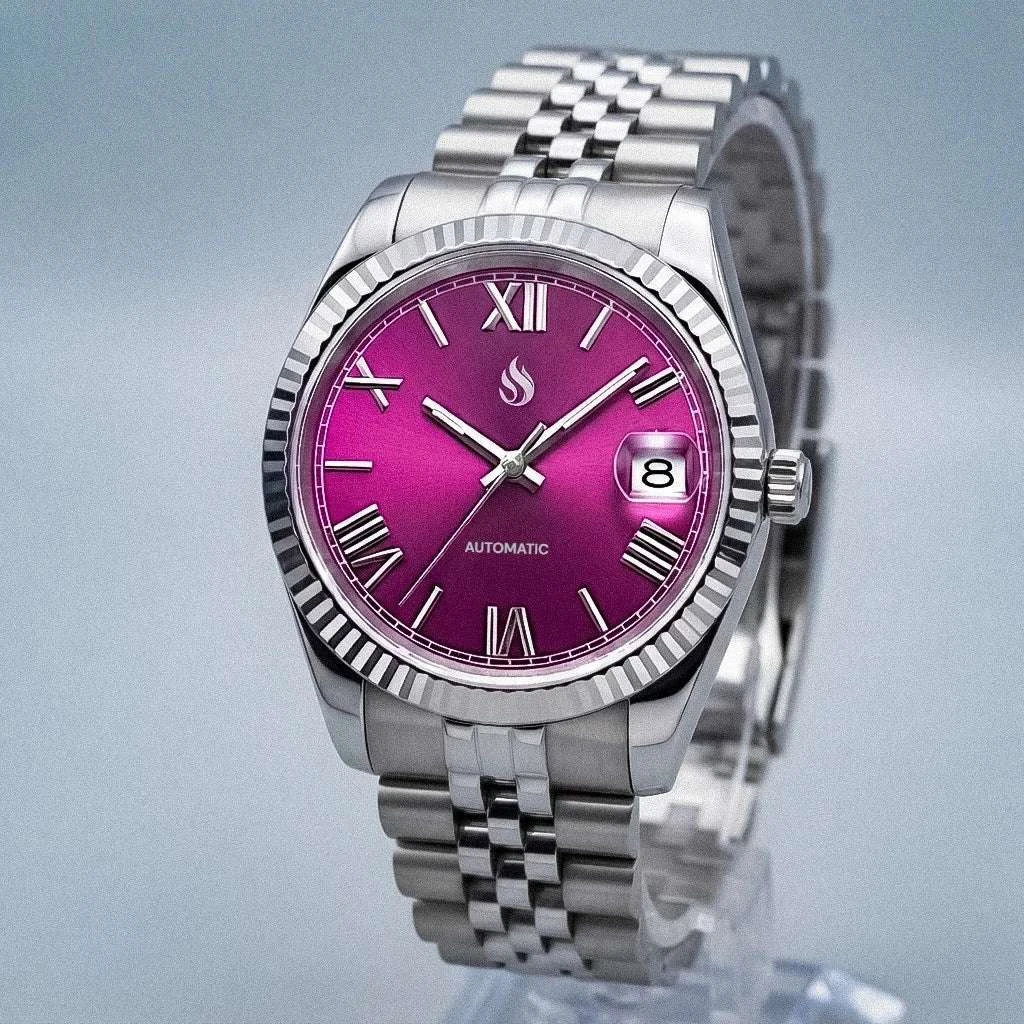Seiko mod watches datejust "Fuchsia" Purple Dial Fluted Bezel with jubilee-style bracelet at Modtime Creations 