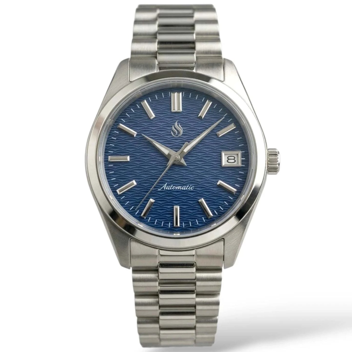 Date Window Silver Dark Blue Wave Dial Mod Watch - Modtime Creations