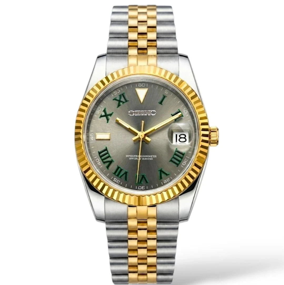 Seiko Mod Datejust gold two-tone watch by Modtime with NH35 automatic movement and sapphire crystal