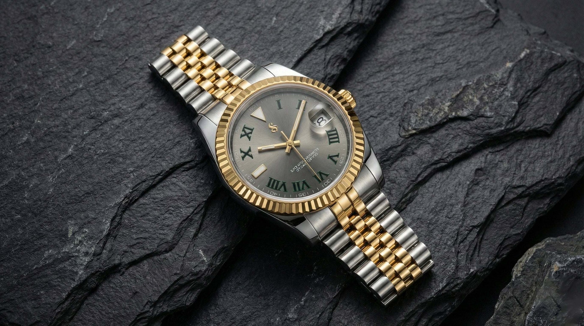 SeikJust Date Window Gold Two-Tone Seiko Mod watch by Modtime Creations with NH35 automatic movement and sapphire crystal.