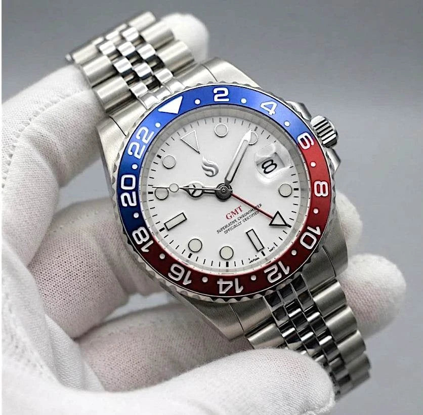 Seiko mod watches Submariner GMT red blue "Superman" built by Modtime Creations 