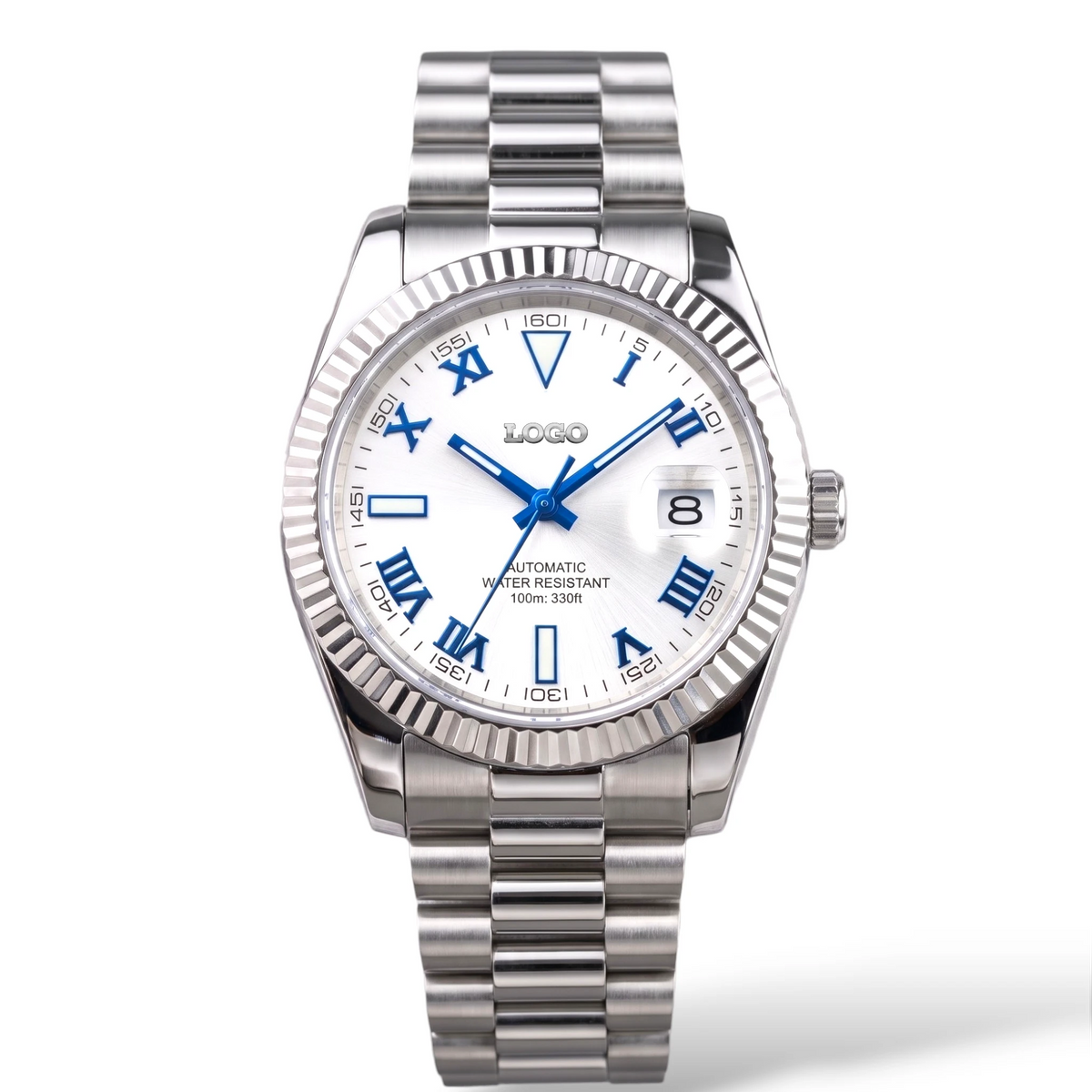 SeikJust Date Window White Blue Roman Numeral Dial Mod Watch - Modtime Creations