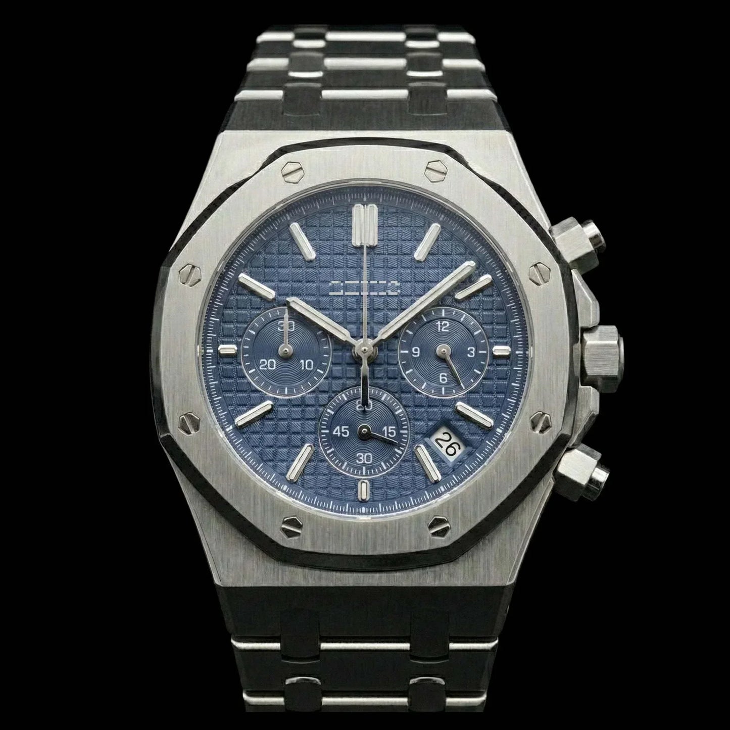Blue dial Heritage Oak Modded Seiko chronograph wristwatch with stainless steel case and bracelet
