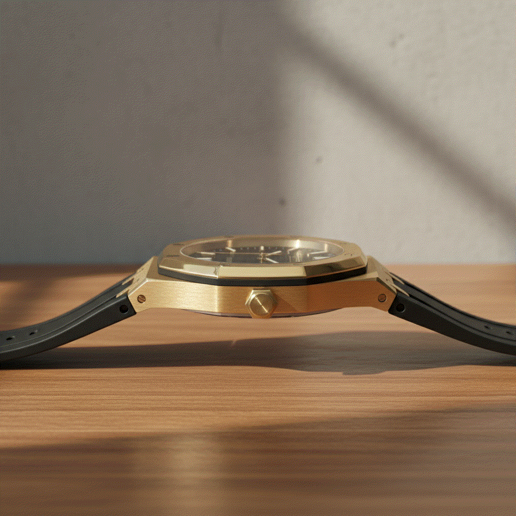 Heritage Oak Gold Seiko Mod watch with black dial and stainless steel case