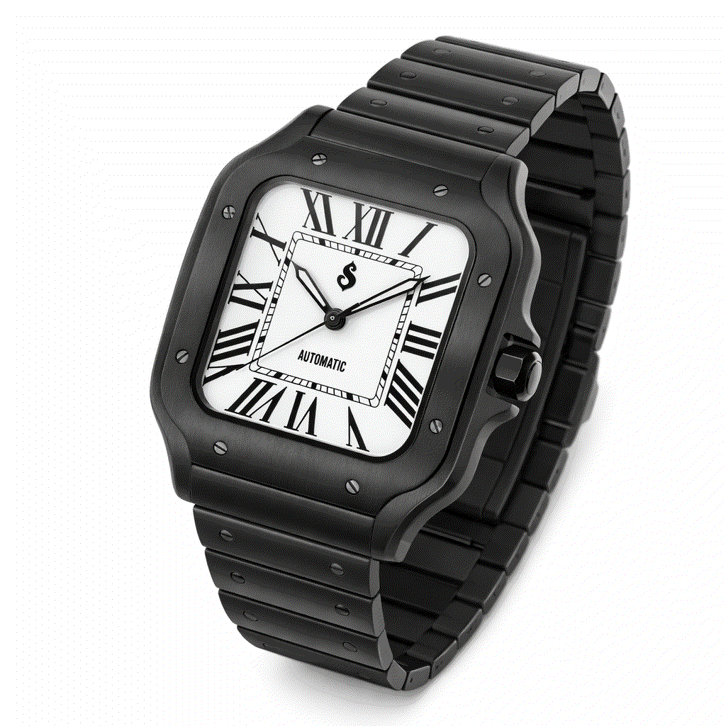 Seiko mod Santeiko black and white watch with classic dial and stainless steel case by Modtime