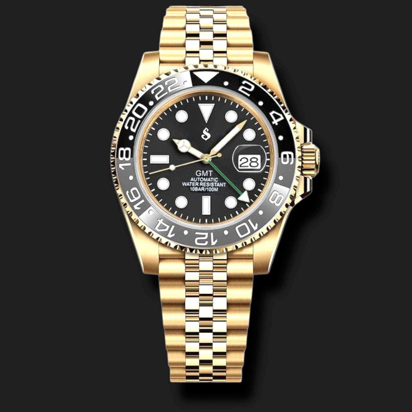 SeikMariner GMT gold and black Seiko Mod watch with stainless steel bracelet and ceramic bezel