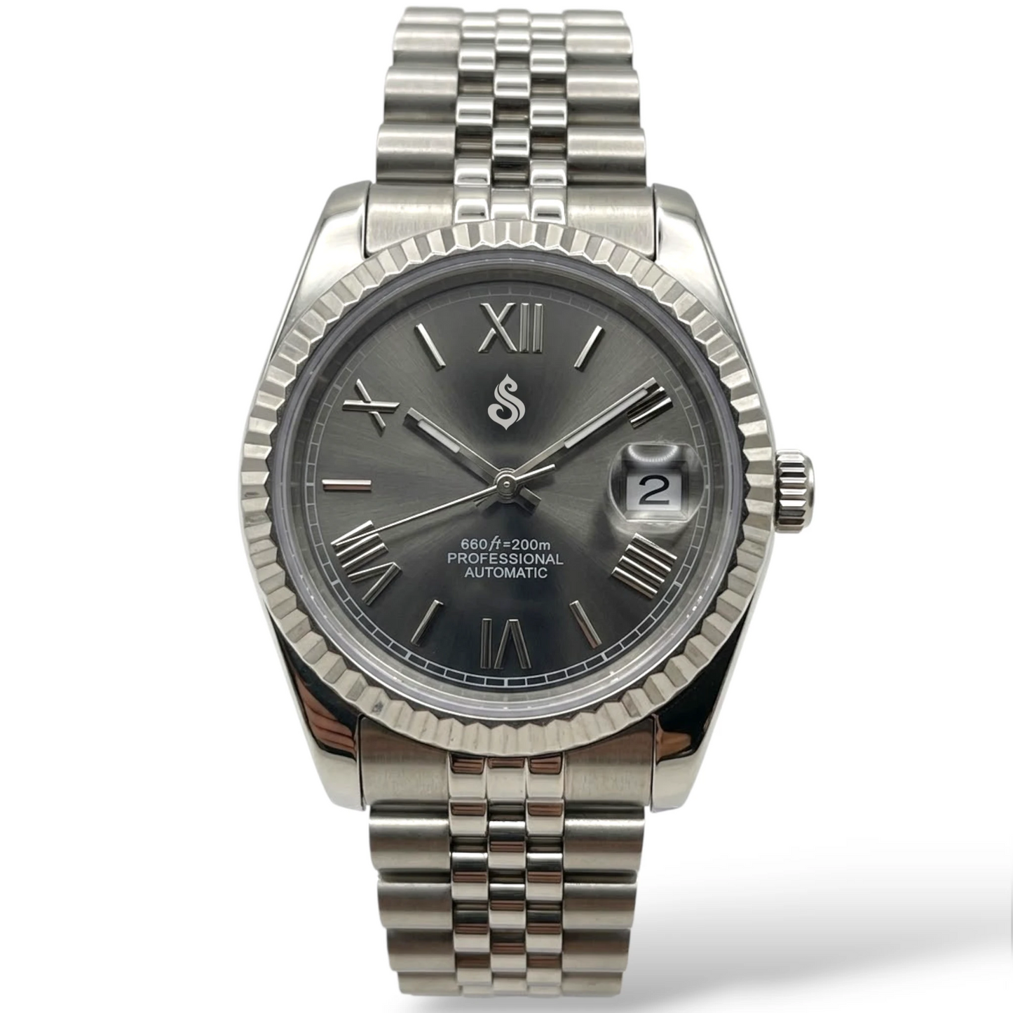 SeikJust Date Window Dark Grey Sunburst Dial Roman Numerals Mod Watch - Modtime Creations
