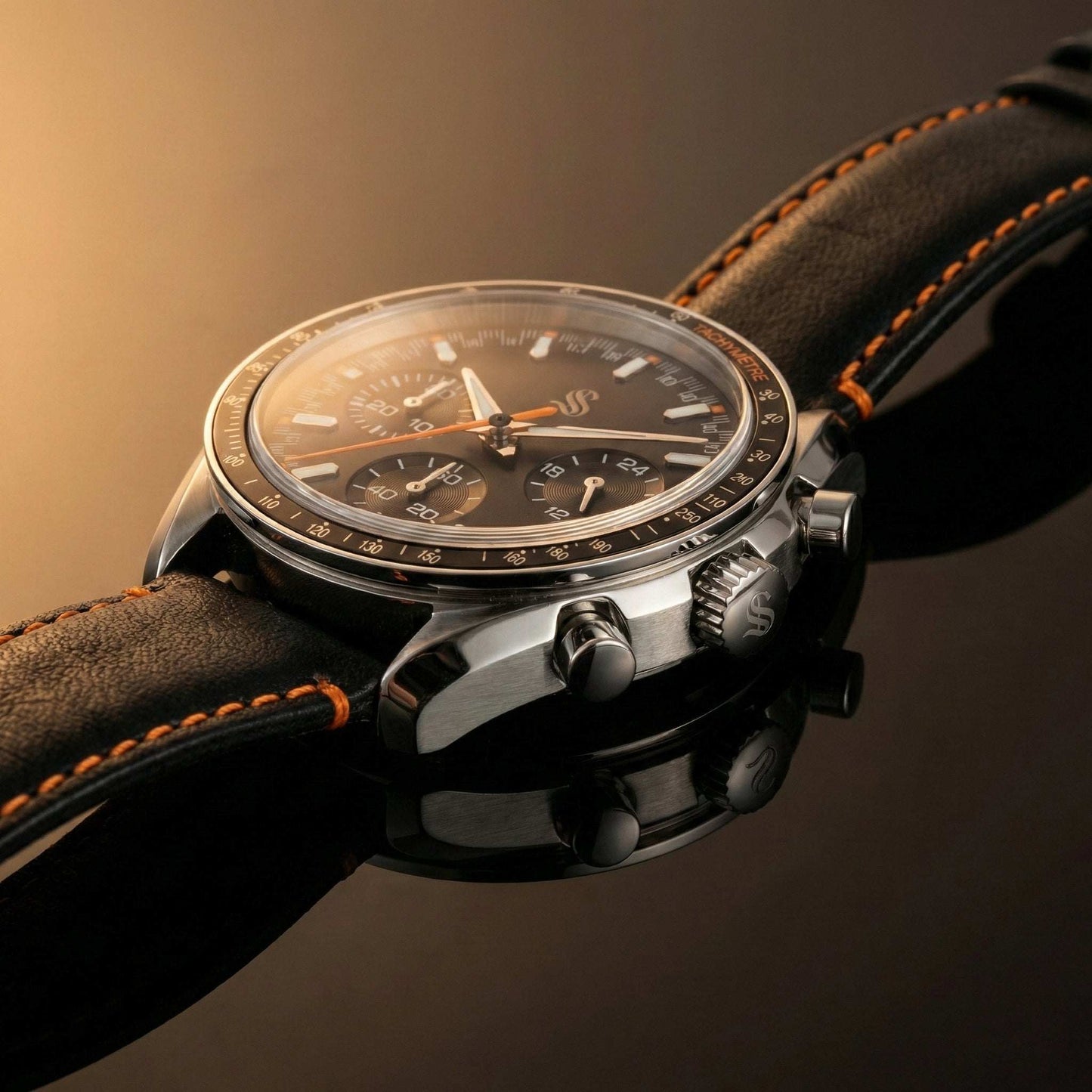 SeikSpeed Chronograph black orange Seiko mod watch with VK63 hybrid movement and stainless steel case