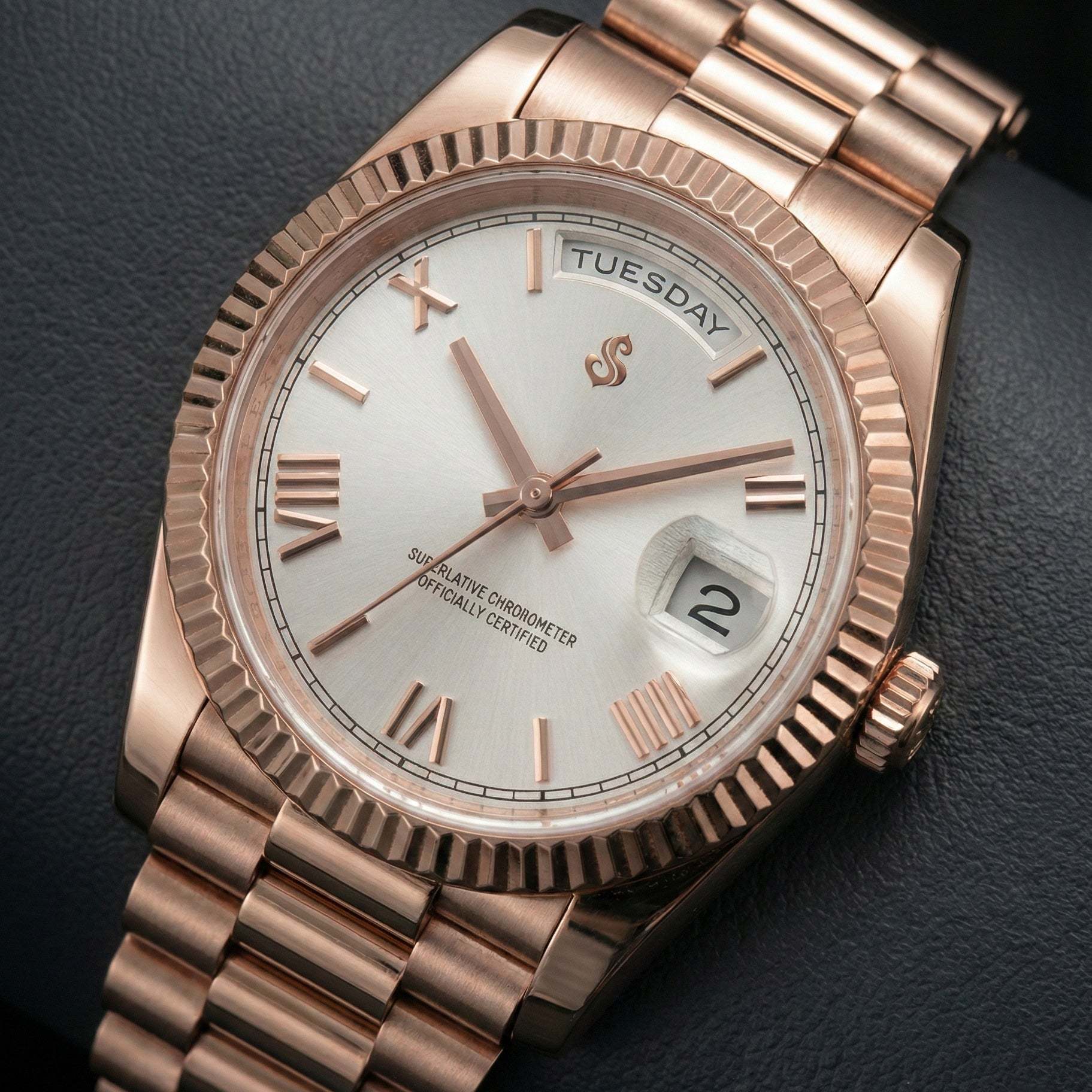 Rose gold Modded Seiko watch with white Roman numerals day and date dial by Modtime