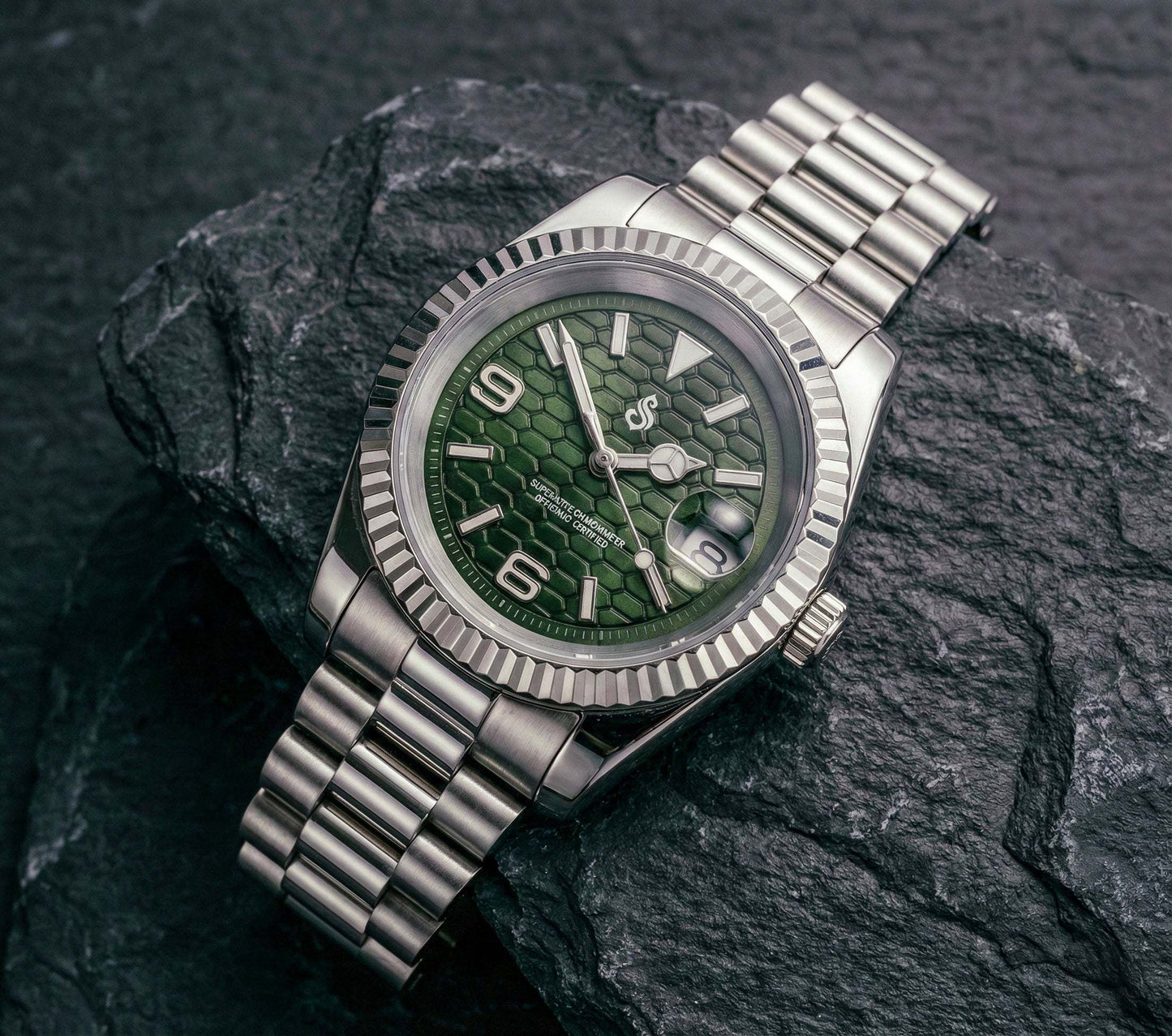 Seiko Mod luxury watch with silver green dial and date window by Modtime Creations