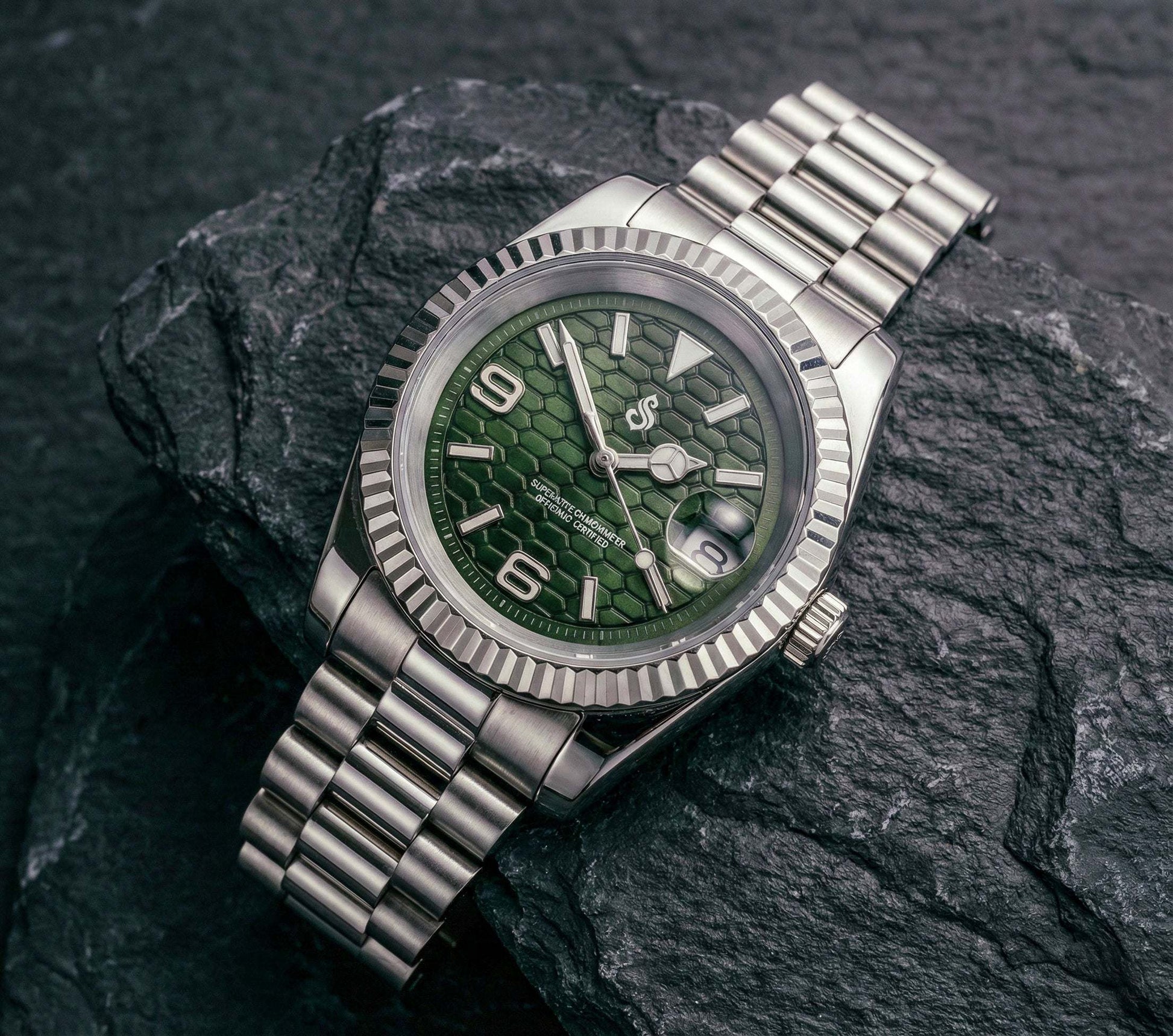 Seiko Mod luxury watch with silver green dial and date window by Modtime Creations