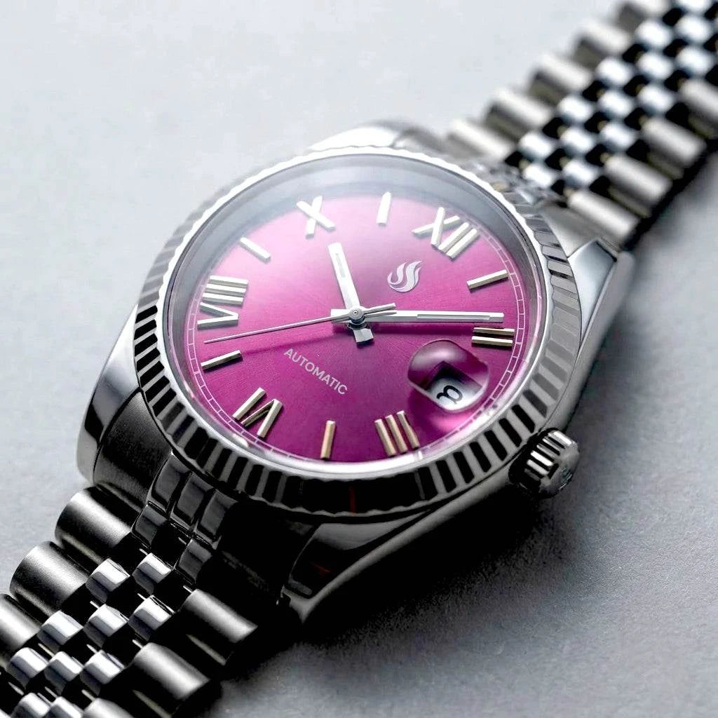 Seiko mod watches datejust "Fuchsia" Purple Dial Fluted Bezel with jubilee-style bracelet at Modtime Creations 