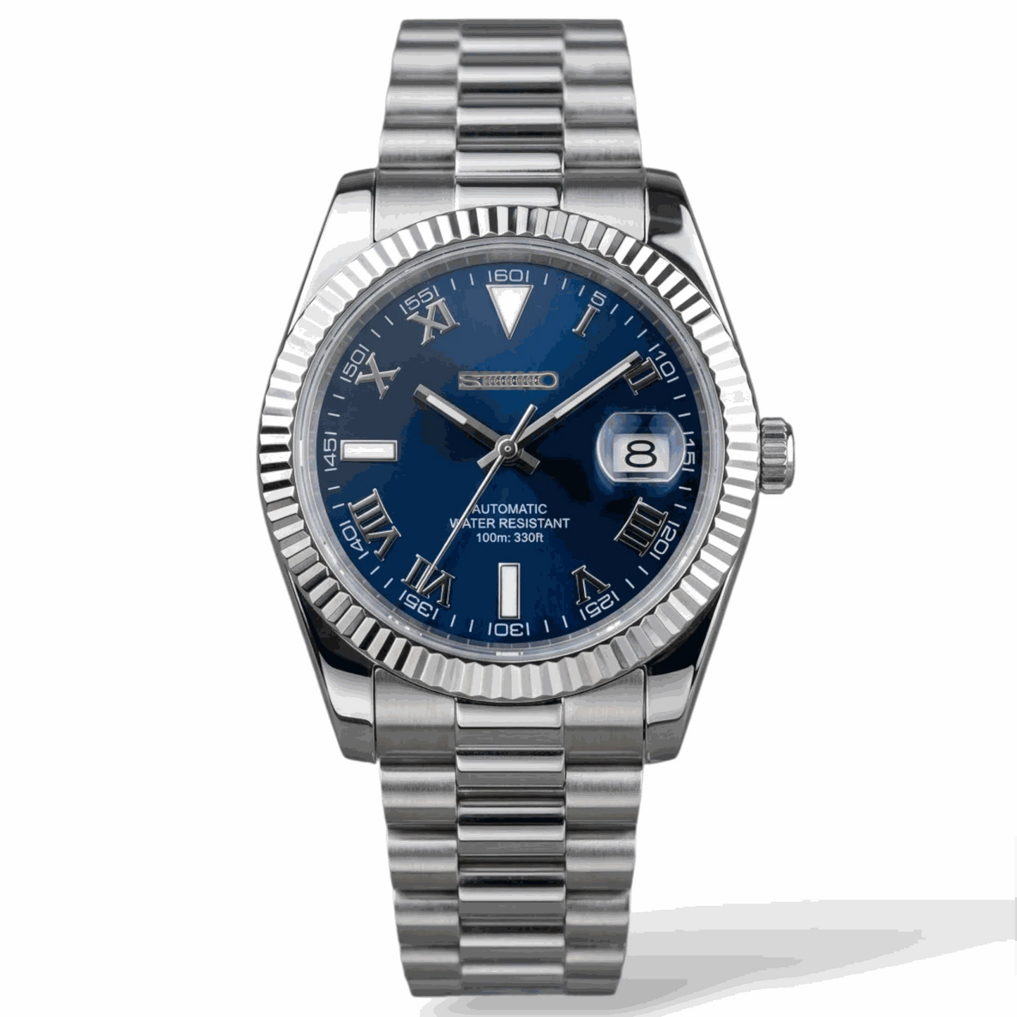 SeikJust Date Window Blue Roman Numeral Dial Mod Watch - Modtime Creations