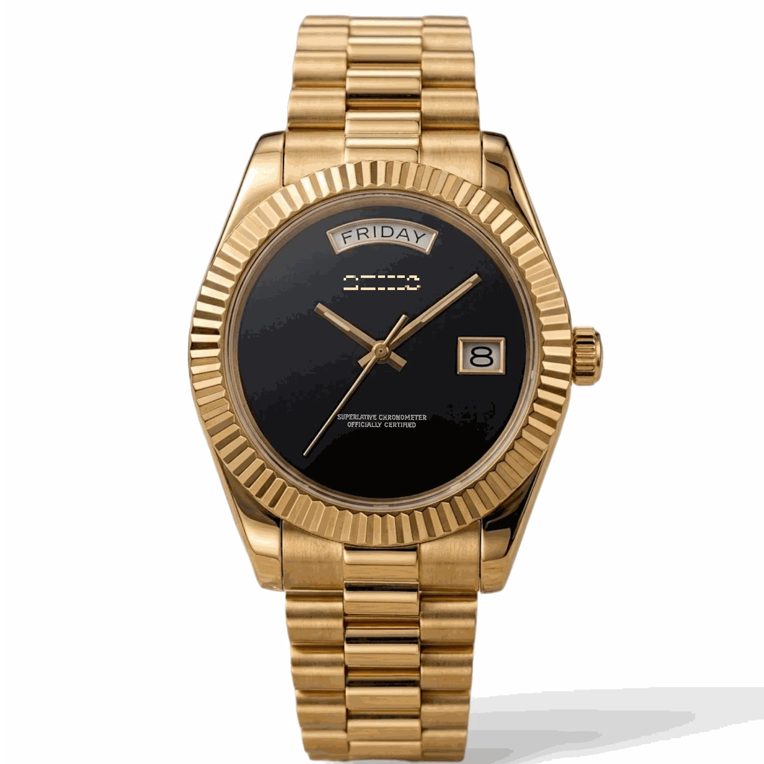 Modtime DayDate Seiko Mod luxury watch in black and gold with Miyota 8285 movement