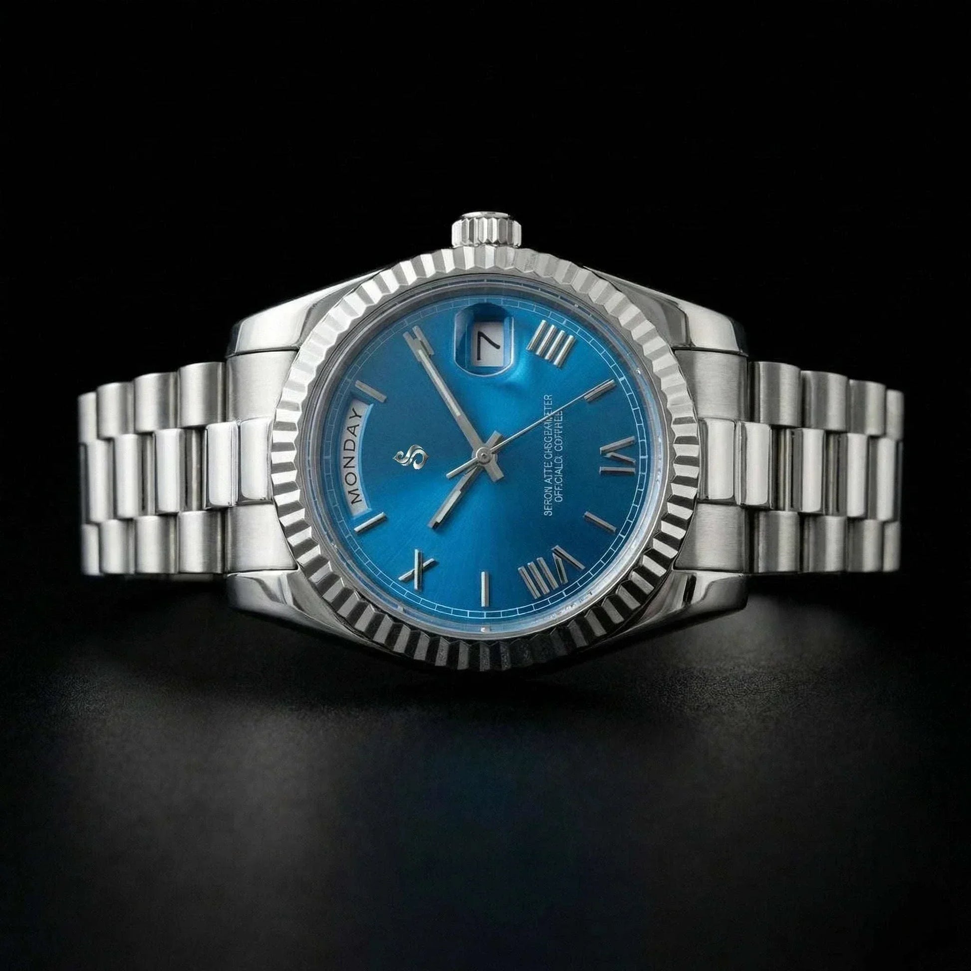 Modded Seiko luxury watch with royal blue dial and day-date display by Modtime Creations