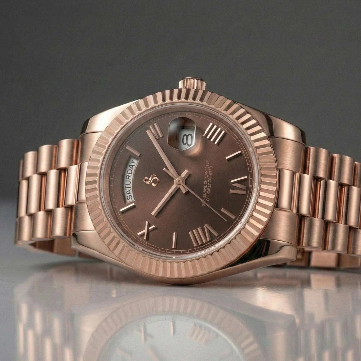 Modtime Luxury Mod Day & Date watch with chocolate Roman numeral dial, Miyota 8285 movement, and stainless steel case, a premium modded Seiko timepiece