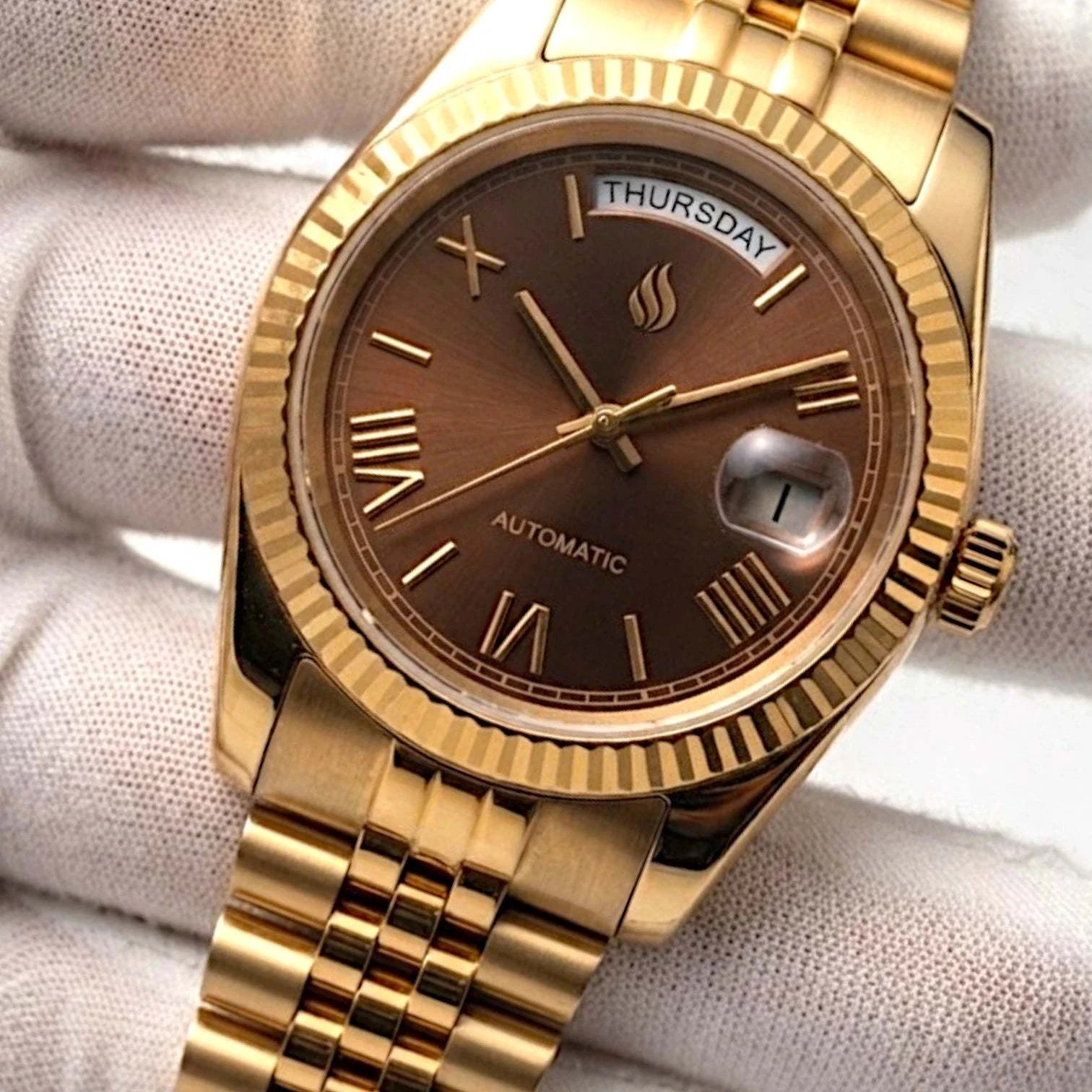 Seiko Mod DayDate watch with gold chocolate Roman numerals dial by Modtime Creations
