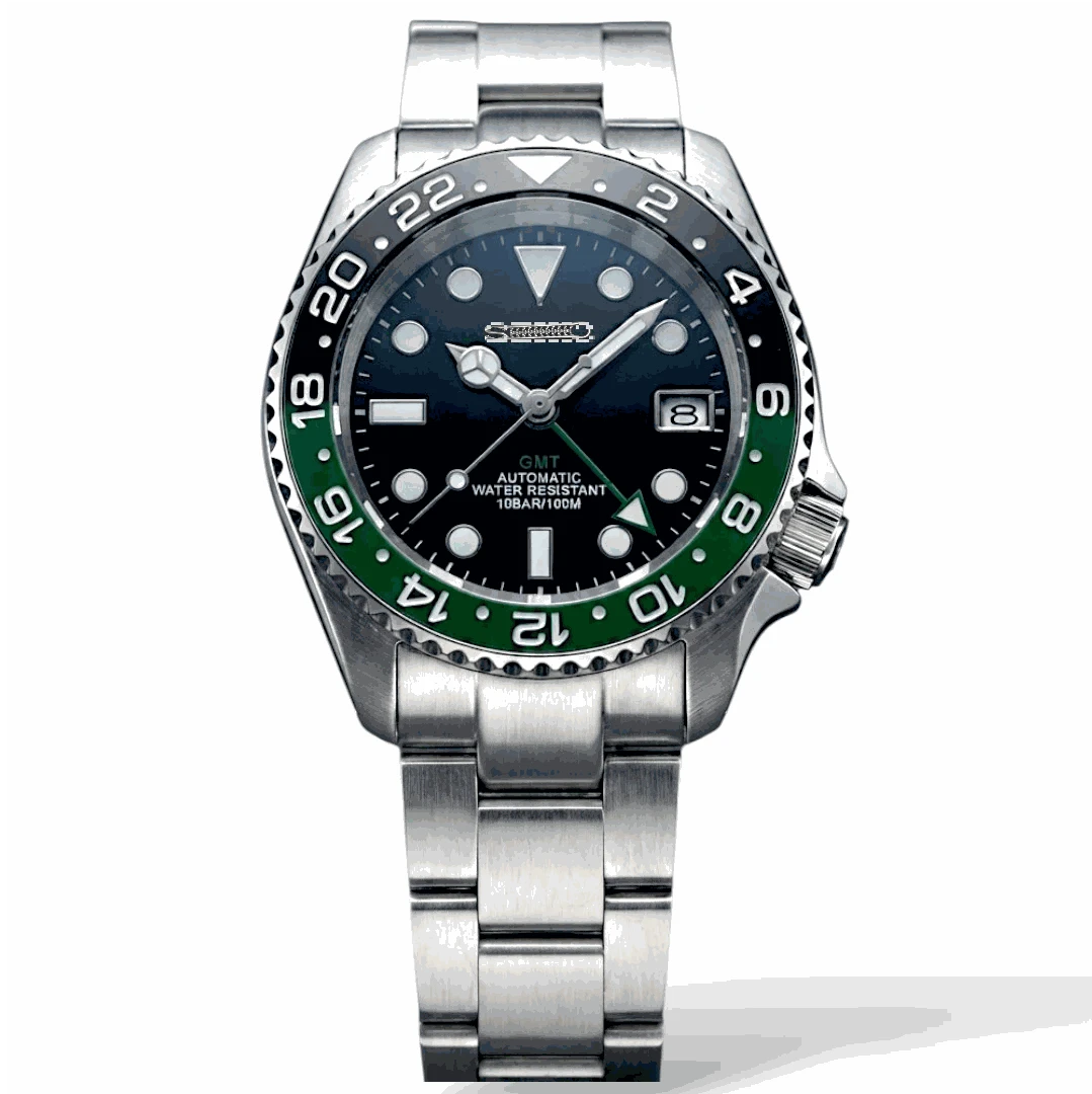 SKX Submariner 42mm Green Black Sprite Seiko Mod diver watch with NH34 GMT movement and sapphire crystal