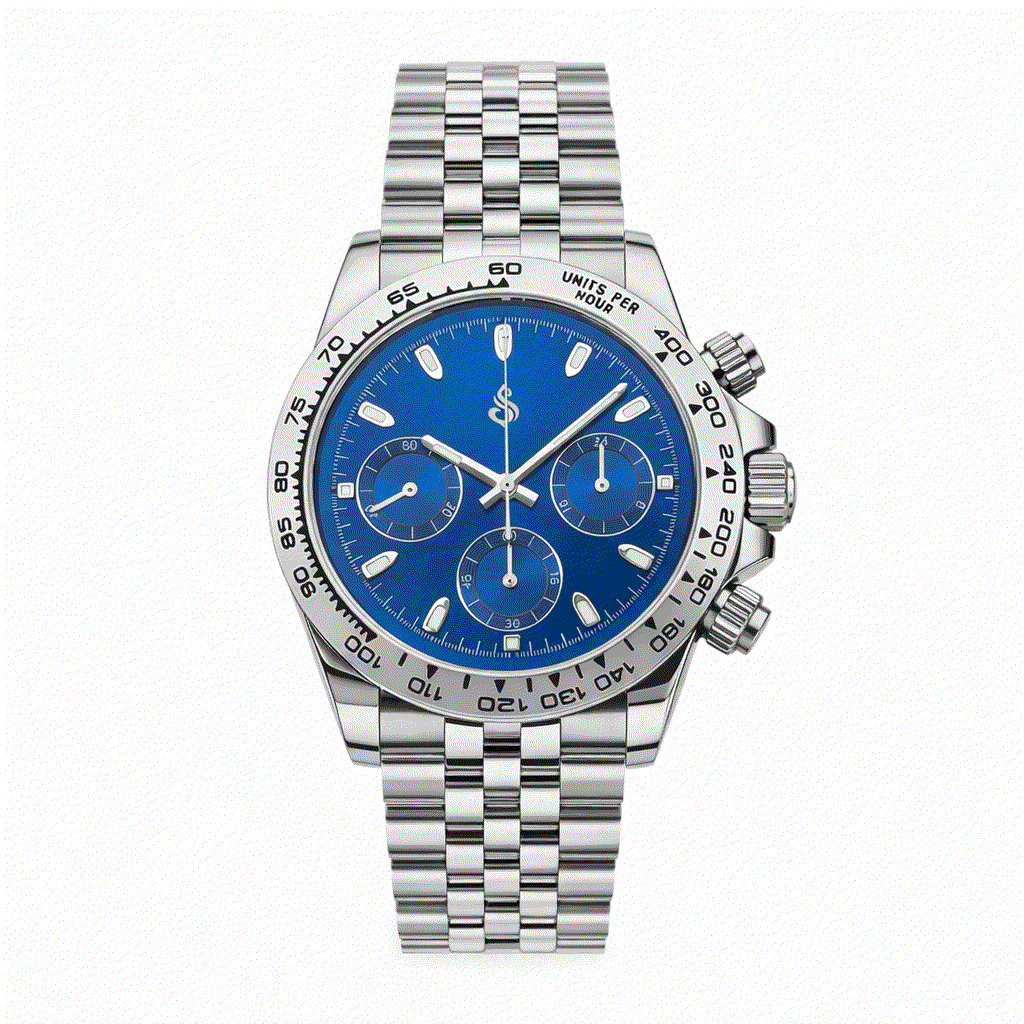 Seitona silver case Seiko Mod watch with dazzling blue dial and VK63 hybrid chronograph movement