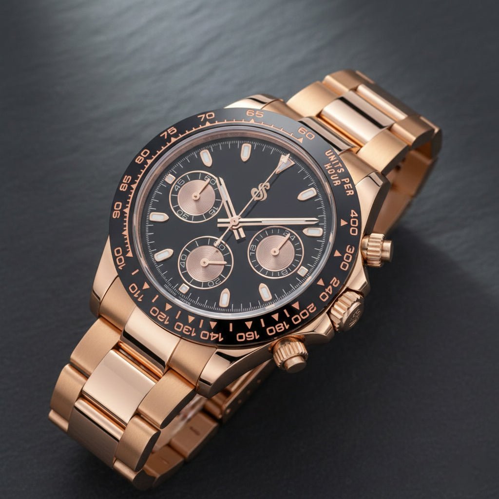 Seitona Rose Gold Seiko Mod watch with black dial and ceramic bezel by Modtime