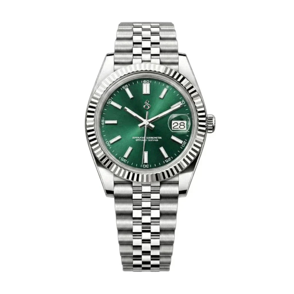 Seiko mod with emerald green dial, date window, NH35 automatic movement, sapphire crystal, stainless steel case and bracelet by Modtime Creations