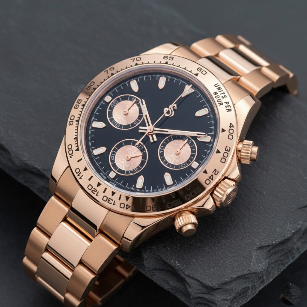 Seitona Rose Gold Black Dial luxury mod chronograph watch with stainless steel bracelet and sapphire crystal glass