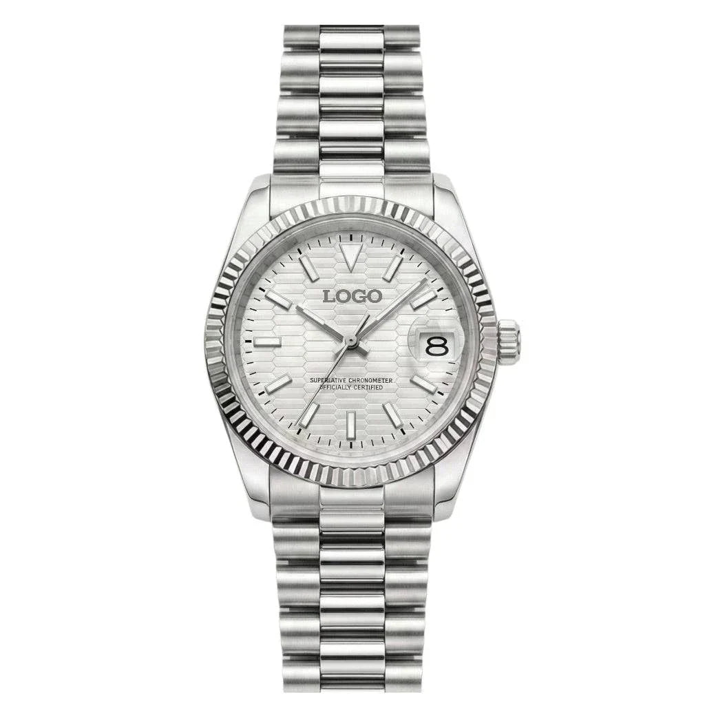 Seiko mod luxury watch with honeycomb white dial and date window by Modtime Creations