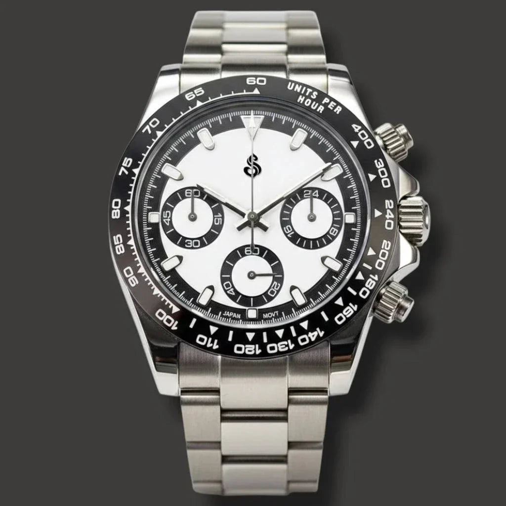 Seitona White Seiko Mod watch with black dial and stainless steel case by Modtime