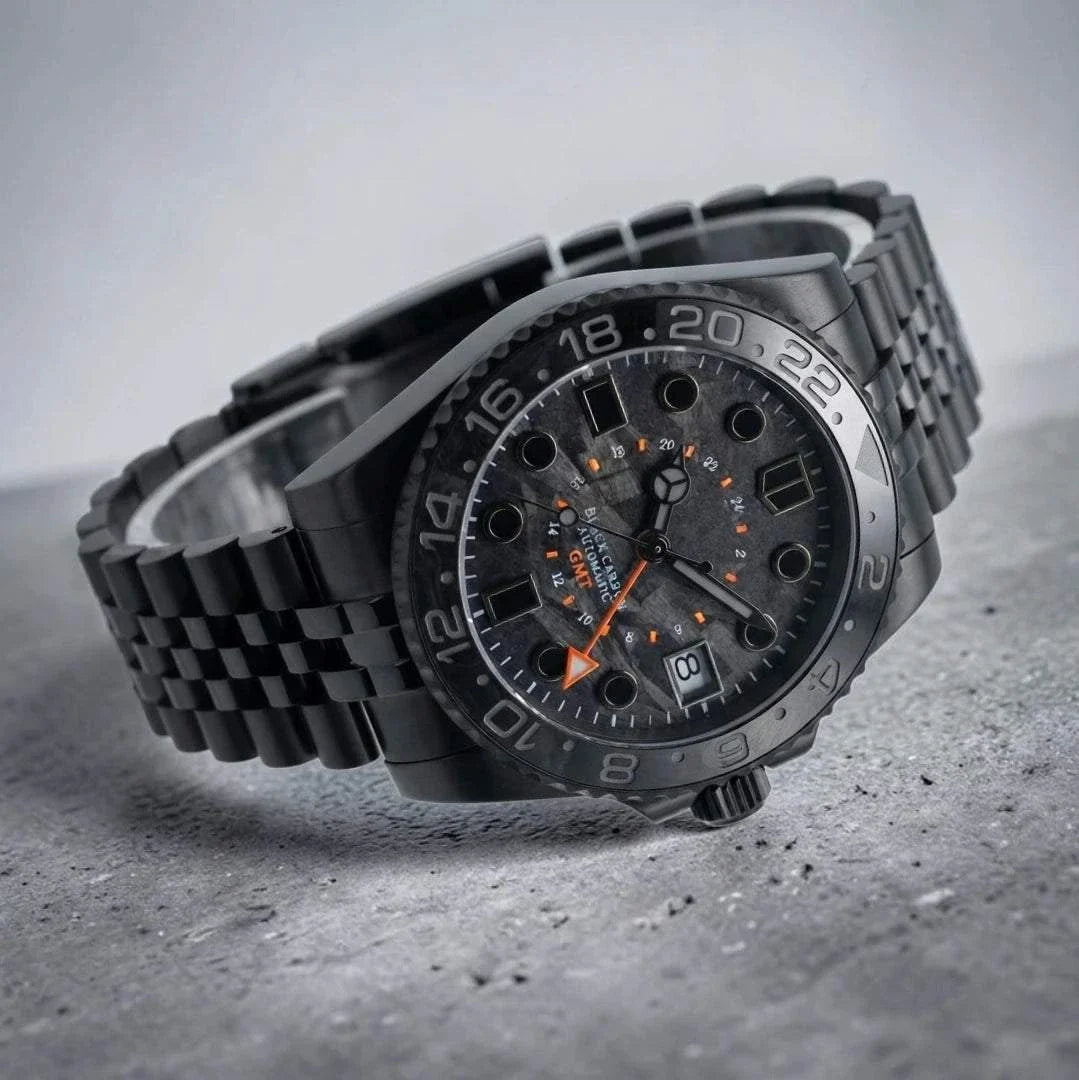 Seiko Mod Submariner GMT Carbon Fiber Stealth Black Orange watch built by Modtime Creations 