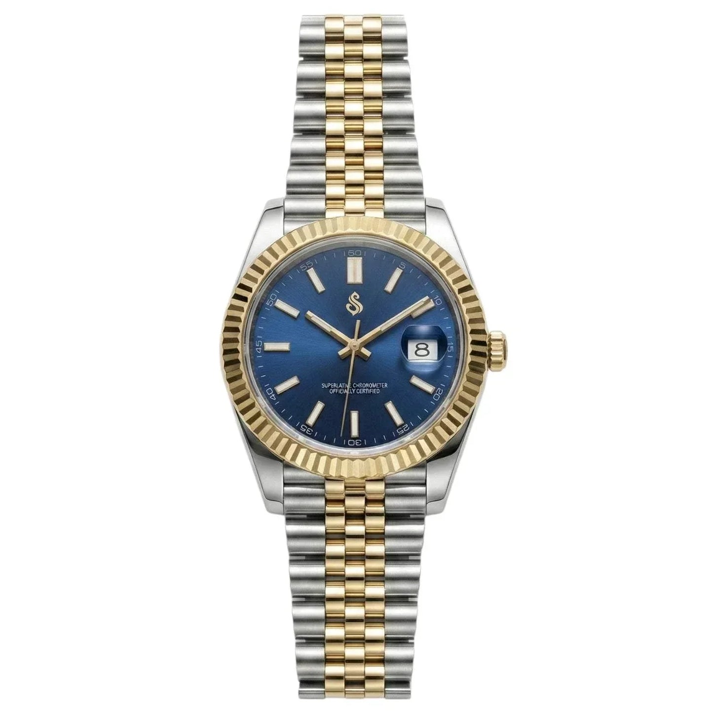 SeikJust Date Window Two-Tone Blue Dial Seiko Mod watch by Modtime Creations with NH35 automatic movement and sapphire crystal