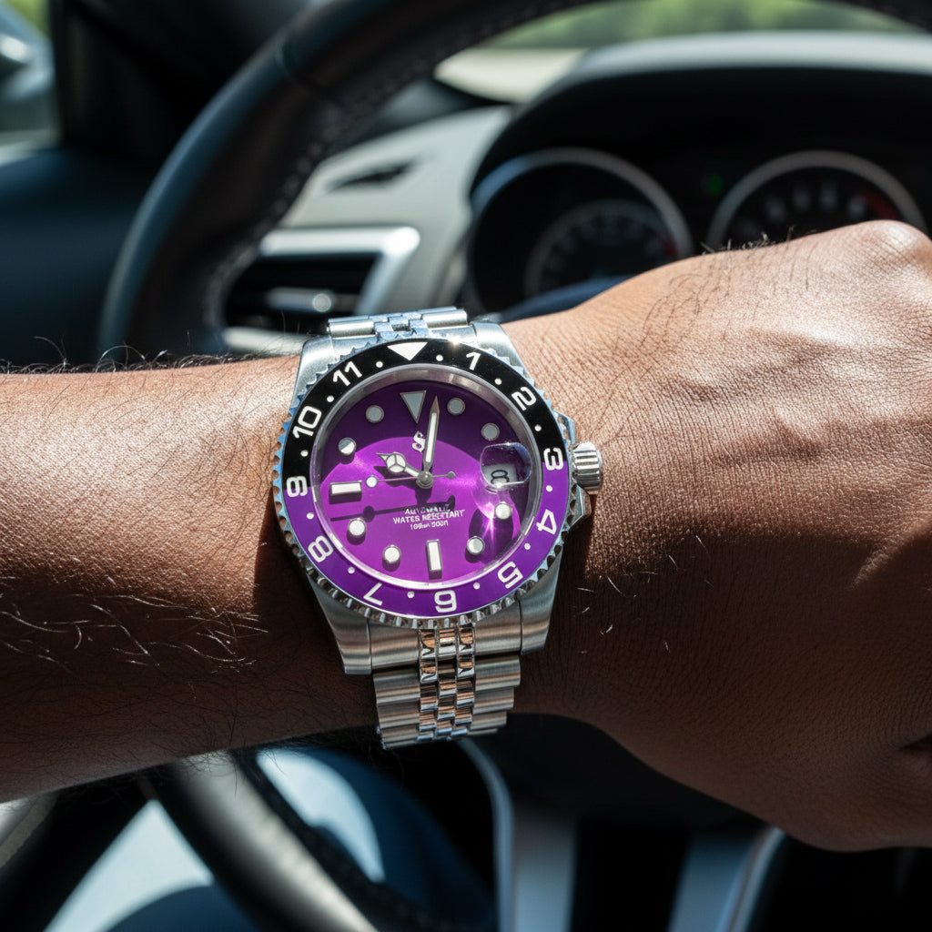 Seikmariner Joker Seiko Mod watch with purple dial and silver case by Modtime Creations